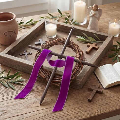 Dingion Lent Mini Crown of Thorns Nail Cross Wreath Decor Holy Thursday Easter Purple Velvet Ribbon 7in Christian Catholic Cross Rustic Christian Grapevine Thorns Crown for Lent Holy Week Church Home in Saudi Arabia