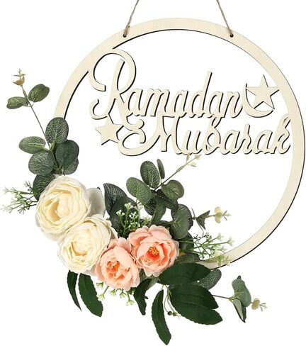 Eid Ramadan Mubarak Wreaths for Front Door Artificial Champagne Flowers Hanging Wreath Ramadan Wood Door Sign Eid Al Fitr Wood Wall Garland Decoration for Muslim Indoor Outdoor Party Supplies in Saudi Arabia