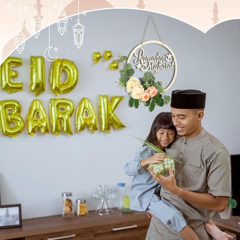 Eid Ramadan Mubarak Wreaths for Front Door Artificial Champagne Flowers Hanging Wreath Ramadan Wood Door Sign Eid Al Fitr Wood Wall Garland Decoration for Muslim Indoor Outdoor Party Supplies in Saudi Arabia