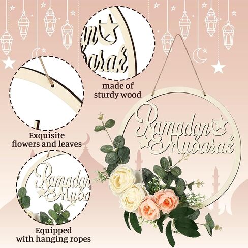 Eid Ramadan Mubarak Wreaths for Front Door Artificial Champagne Flowers Hanging Wreath Ramadan Wood Door Sign Eid Al Fitr Wood Wall Garland Decoration for Muslim Indoor Outdoor Party Supplies in Saudi Arabia