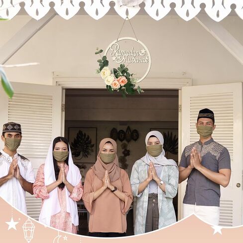 Eid Ramadan Mubarak Wreaths for Front Door Artificial Champagne Flowers Hanging Wreath Ramadan Wood Door Sign Eid Al Fitr Wood Wall Garland Decoration for Muslim Indoor Outdoor Party Supplies in Saudi Arabia