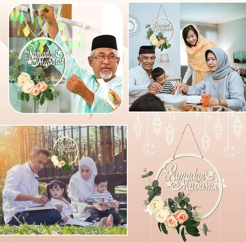 Eid Ramadan Mubarak Wreaths for Front Door Artificial Champagne Flowers Hanging Wreath Ramadan Wood Door Sign Eid Al Fitr Wood Wall Garland Decoration for Muslim Indoor Outdoor Party Supplies in Saudi Arabia