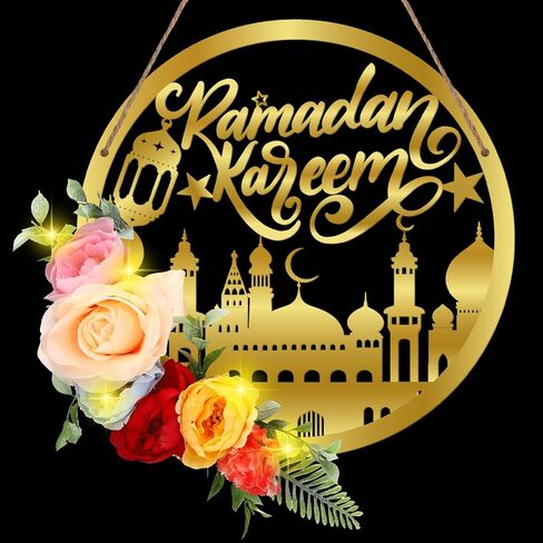 Yaocom رمضان مبارك اكاليل عيد مبارك اكليلا ديكور للباب الأمامي الاصطناعي جولة معدنية هوب الزهور شنقا إكليل مع ضوء الإسلام مبارك إكليل للداخلية في الهواء الطلق جدار نافذة المنزل حزب in Saudi Arabia