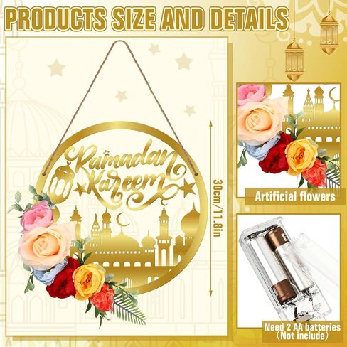 Yaocom رمضان مبارك اكاليل عيد مبارك اكليلا ديكور للباب الأمامي الاصطناعي جولة معدنية هوب الزهور شنقا إكليل مع ضوء الإسلام مبارك إكليل للداخلية في الهواء الطلق جدار نافذة المنزل حزب in Saudi Arabia