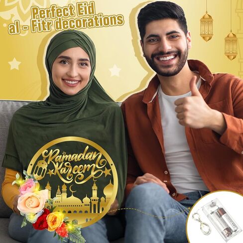 Yaocom رمضان مبارك اكاليل عيد مبارك اكليلا ديكور للباب الأمامي الاصطناعي جولة معدنية هوب الزهور شنقا إكليل مع ضوء الإسلام مبارك إكليل للداخلية في الهواء الطلق جدار نافذة المنزل حزب in Saudi Arabia