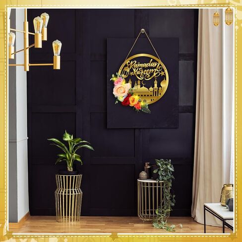 Yaocom رمضان مبارك اكاليل عيد مبارك اكليلا ديكور للباب الأمامي الاصطناعي جولة معدنية هوب الزهور شنقا إكليل مع ضوء الإسلام مبارك إكليل للداخلية في الهواء الطلق جدار نافذة المنزل حزب in Saudi Arabia