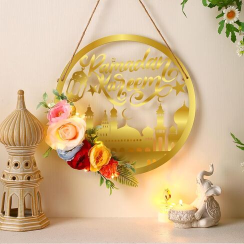 Yaocom رمضان مبارك اكاليل عيد مبارك اكليلا ديكور للباب الأمامي الاصطناعي جولة معدنية هوب الزهور شنقا إكليل مع ضوء الإسلام مبارك إكليل للداخلية في الهواء الطلق جدار نافذة المنزل حزب in Saudi Arabia