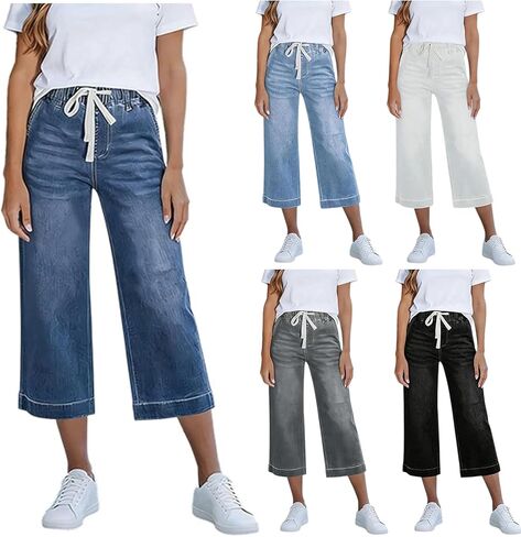 Jean Capris for Women Summer Casual Drawstring Elastic Waist Straight Wide Leg Jeans Pant Stretch Denim Capris 2026 in Saudi Arabia
