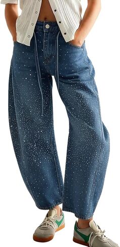 chouyatou Women's Baggy Rhinestone Barrel Jeans Sparkly Y2K High Waisted Wide Leg Jeans Denim Ankle Pants in Saudi Arabia