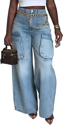 Tbahhir High Waist Wide Leg Jeans for Women Trendy Y2k Baggy Denim Pants Boyfriend Trouser with Pockets Streetwear in Kuwait