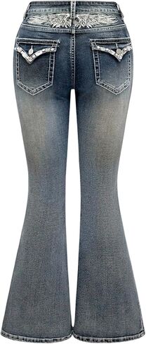 WDIRARA Women's Plus Size Goth Punk Rhinestone Embroidered Flare Jeans Bootcut Denim Pants in Saudi Arabia