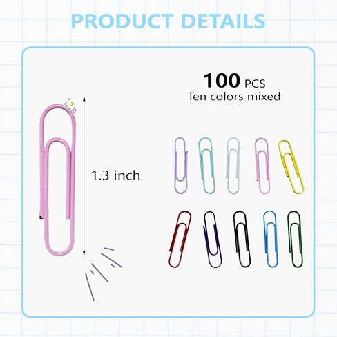 Paper Clips, 100-PCS PaperClips Assorted Sizes, 8 Colored Paper Clips Medium, Binder Clips Paperclips Assorted Sizes Set for Home School Office Supplies (100, Medium) in Kuwait