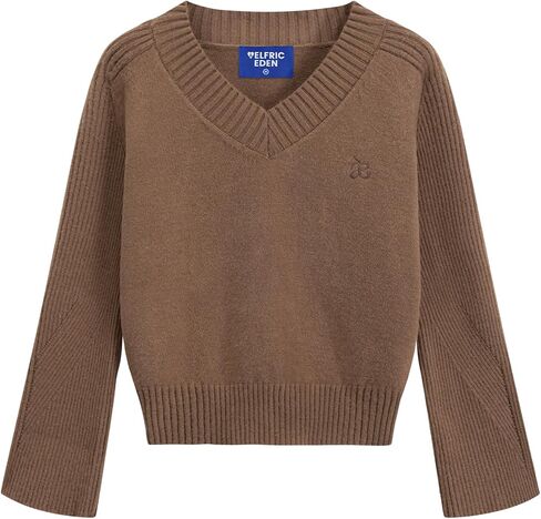 Aelfric Eden Cropped Sweater for Women V-Neck Flare Sleeve Crop Sweater Oversized Pullover Jumper Knit Tops in Saudi Arabia