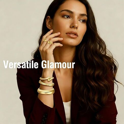 Gold Bracelet for Women Teens Set Big Stackable Bracelets and Rings Adjustable Cuff Bracelet Trendy Fashion Jewelry Accessories Easter Gifts (5Pcs) in Saudi Arabia