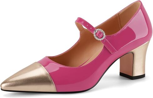 Women's Gold Chunky Heels Pointed Closed Toe Block Heel Patent Leather Pumps Two Toned Mary Janes Retro Dress Shoes in Kuwait