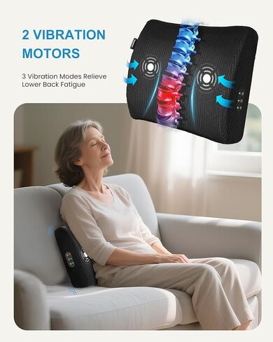 Beleduc Lumbar Support Pillow for Office Chair - Heated Back Support Pillow with Vibration Massage, Ergonomic Back Massager for Chair, Adjustable Vibration, 2 Heat Levels, Gifts in Kuwait