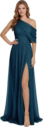 One Shoulder Pleated Chiffon Formal Dresses for Women Empire Waist Ruched Prom Evening Gowns with Slit in Kuwait