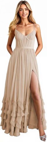 Chiffon Floral Print Bridesmaid Dresses for Women Long Spaghetti Straps V Neck Formal Evening Party Gown with Slit in Kuwait