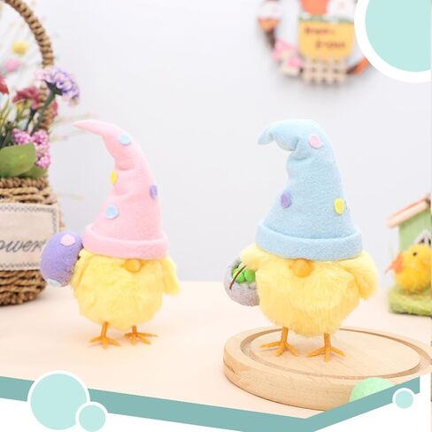 دمى زينة عيد الفصح تمثال كتكوت مع قبعة منقطة، زينة كتكوت صفراء قطيفة مع بيضة أرجوانية، 6.8 × 4.5 × 3.2 بوصة، ديكور حفلات العطلات in Kuwait