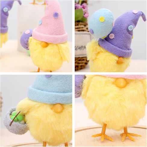 دمى زينة عيد الفصح تمثال كتكوت مع قبعة منقطة، زينة كتكوت صفراء قطيفة مع بيضة أرجوانية، 6.8 × 4.5 × 3.2 بوصة، ديكور حفلات العطلات in Kuwait