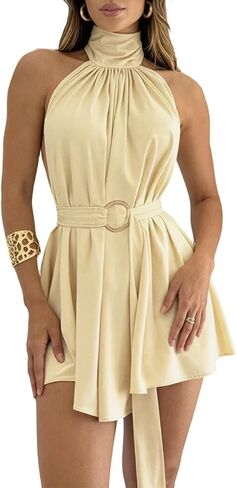 Women Elegant Sleeveless Tie Backless Halter Mini Dress Summer Belted Swing Flowy High Neck A-Line Short Dresses in Kuwait