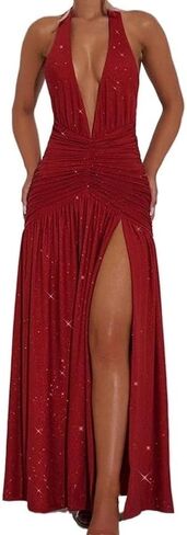 2025 Spring New Sexy Hanging Neck Bright Silk Long Dress V-Neck Split Fit Dress in Kuwait