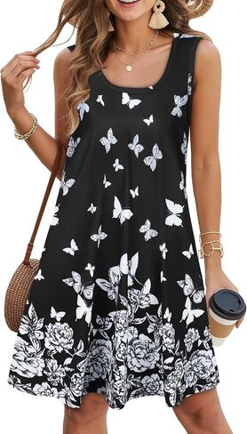 فساتين الشمس من elescat للنساء فساتين صيفية فضفاضة كاجوال بدون أكمام برقبة على شكل حرف U مع جيوب in Kuwait