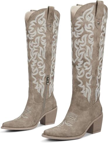 wetkiss Women's Knee High Cowboy Boots - Western Cowgirl Boots with Embroidered Pointed Toe, PU Leather, Chunky Heel, Pull On Tall Boots in Kuwait