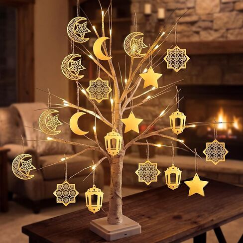 Ramadan Decorations Lighted Birch Tree with Wooden Eid Mubarak Hanging Tree Ornaments Moon Star Islamic Cutouts Lantern for Home Shop Office Deor in Kuwait