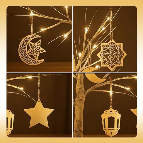 Ramadan Decorations Lighted Birch Tree with Wooden Eid Mubarak Hanging Tree Ornaments Moon Star Islamic Cutouts Lantern for Home Shop Office Deor in Kuwait
