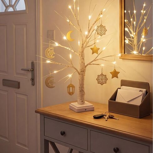 Ramadan Decorations Lighted Birch Tree with Wooden Eid Mubarak Hanging Tree Ornaments Moon Star Islamic Cutouts Lantern for Home Shop Office Deor in Kuwait