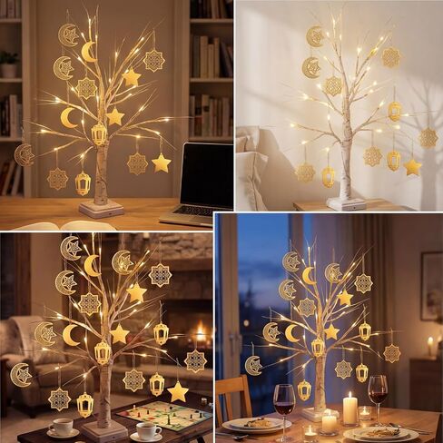 Ramadan Decorations Lighted Birch Tree with Wooden Eid Mubarak Hanging Tree Ornaments Moon Star Islamic Cutouts Lantern for Home Shop Office Deor in Kuwait