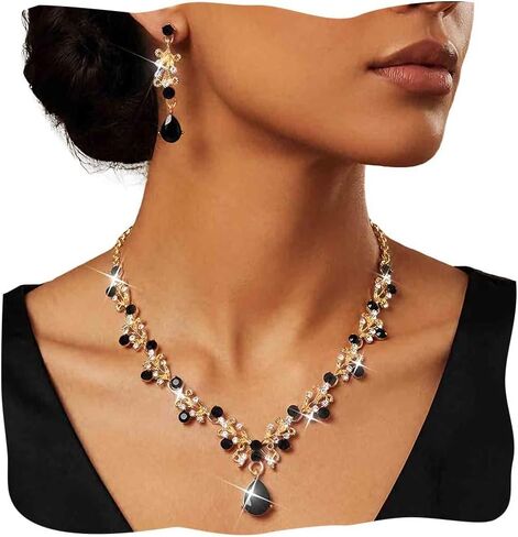 Black Rhinestone Necklace and Earring Crystal Wedding Jewelry Set for Women in Kuwait