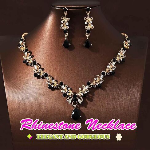Black Rhinestone Necklace and Earring Crystal Wedding Jewelry Set for Women in Kuwait