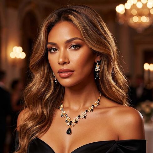 Black Rhinestone Necklace and Earring Crystal Wedding Jewelry Set for Women in Kuwait