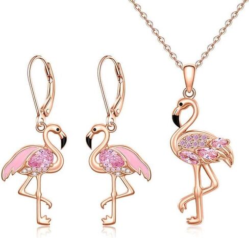 Flamingo Earrings Necklace Set for Women Flamingo Dangle Earrings Christmas Sterling Silver Leverback Flamingos Jewelry X Mas Gifts in Kuwait