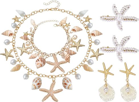 Merrmaid Costume Accessories for Women, 5 Pcs Merrmaid Accessories with Boho Starfish Seashell Necklace, Bracelet, Hair Clips and Earrings for Summer Beach Tropical Outfit Halloween Dress Up Supplies in Kuwait