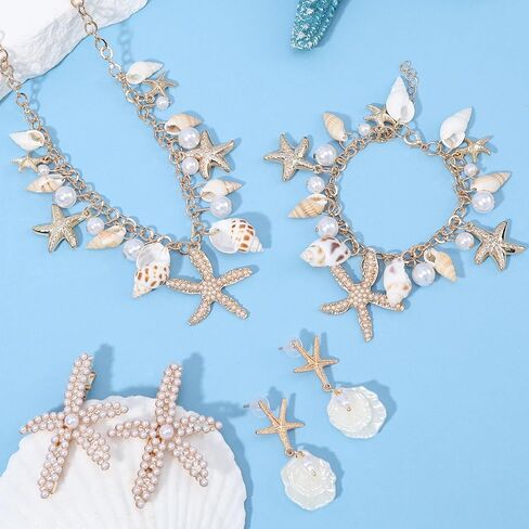 Merrmaid Costume Accessories for Women, 5 Pcs Merrmaid Accessories with Boho Starfish Seashell Necklace, Bracelet, Hair Clips and Earrings for Summer Beach Tropical Outfit Halloween Dress Up Supplies in Kuwait
