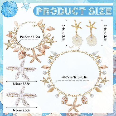Merrmaid Costume Accessories for Women, 5 Pcs Merrmaid Accessories with Boho Starfish Seashell Necklace, Bracelet, Hair Clips and Earrings for Summer Beach Tropical Outfit Halloween Dress Up Supplies in Kuwait