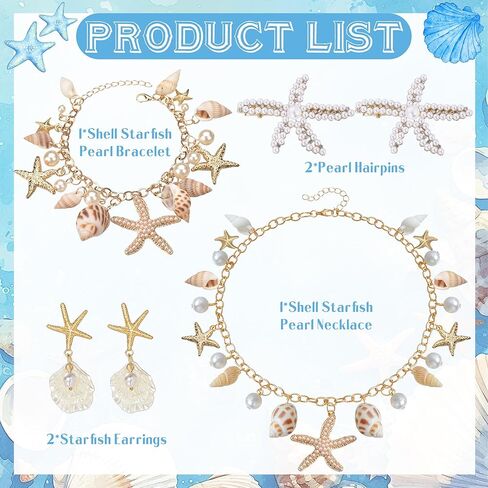 Merrmaid Costume Accessories for Women, 5 Pcs Merrmaid Accessories with Boho Starfish Seashell Necklace, Bracelet, Hair Clips and Earrings for Summer Beach Tropical Outfit Halloween Dress Up Supplies in Kuwait