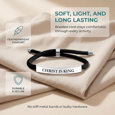 Christ is King Christian Bracelet Baptism Gifts for Boys Adjustable Waterproof Black Braided Cotton Cord, Stylish & Comfortable for Casual Wear Christian Gift For Men in Kuwait