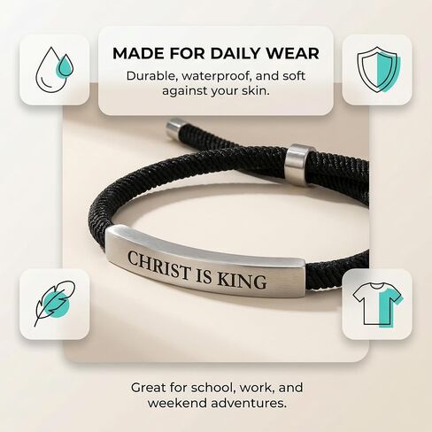 Christ is King Christian Bracelet Baptism Gifts for Boys Adjustable Waterproof Black Braided Cotton Cord, Stylish & Comfortable for Casual Wear Christian Gift For Men in Kuwait