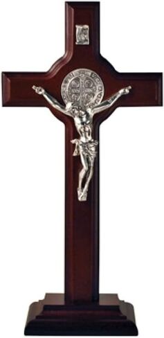 San Francis Imports St Benedict Crucifix Wooden Table Cross With Base - Handmade Saint Benedict Cross Decor - Catholic Crucifix - 9.5 Inches - Made in Italy-Dark Cherry Wood in Kuwait