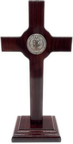 San Francis Imports St Benedict Crucifix Wooden Table Cross With Base - Handmade Saint Benedict Cross Decor - Catholic Crucifix - 9.5 Inches - Made in Italy-Dark Cherry Wood in Kuwait
