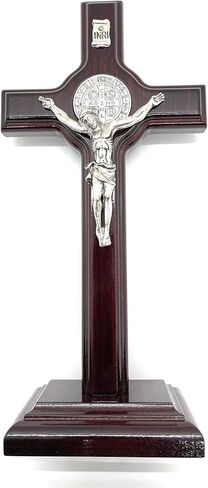 San Francis Imports St Benedict Crucifix Wooden Table Cross With Base - Handmade Saint Benedict Cross Decor - Catholic Crucifix - 9.5 Inches - Made in Italy-Dark Cherry Wood in Kuwait