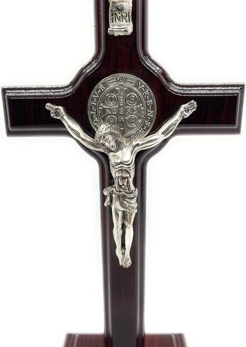 San Francis Imports St Benedict Crucifix Wooden Table Cross With Base - Handmade Saint Benedict Cross Decor - Catholic Crucifix - 9.5 Inches - Made in Italy-Dark Cherry Wood in Kuwait