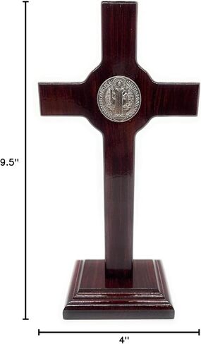 San Francis Imports St Benedict Crucifix Wooden Table Cross With Base - Handmade Saint Benedict Cross Decor - Catholic Crucifix - 9.5 Inches - Made in Italy-Dark Cherry Wood in Kuwait