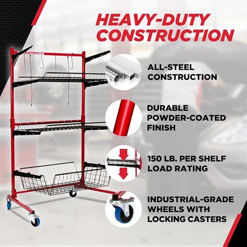 حامل أجزاء هيكل السيارة Champ® Parts Caddy Pro™ الخيار 2 مع أرفف وعجلات سفلية عميقة، وعربة فولاذية بالكامل لمحلات التصليح والكراجات، وعجلات قفل، بسعة 150 رطل لكل رف، ومطلية بمسحوق - أحمر in Kuwait
