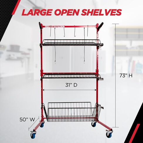 حامل أجزاء هيكل السيارة Champ® Parts Caddy Pro™ الخيار 2 مع أرفف وعجلات سفلية عميقة، وعربة فولاذية بالكامل لمحلات التصليح والكراجات، وعجلات قفل، بسعة 150 رطل لكل رف، ومطلية بمسحوق - أحمر in Kuwait