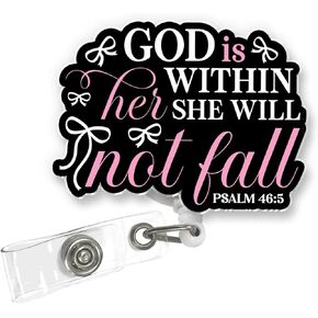 God is Within Her She Will Not Fall Badge Reel, Retractable ID Holder with Inspirational Scripture Quote & Alligator Clip for Nurses, Teachers & Office Staff in Kuwait